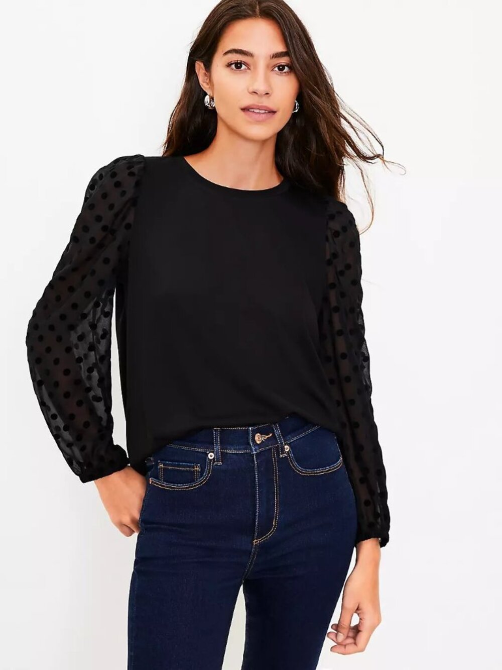 NWT Ann Taylor LOFT Petite Size XL XLP Black Flocked Polka Dot Sleeve Top NEW